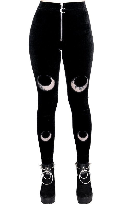 DOUBLE CRESCENT VELVET LEGGINGS, czarne gotyckie legginsy z półksiężycem