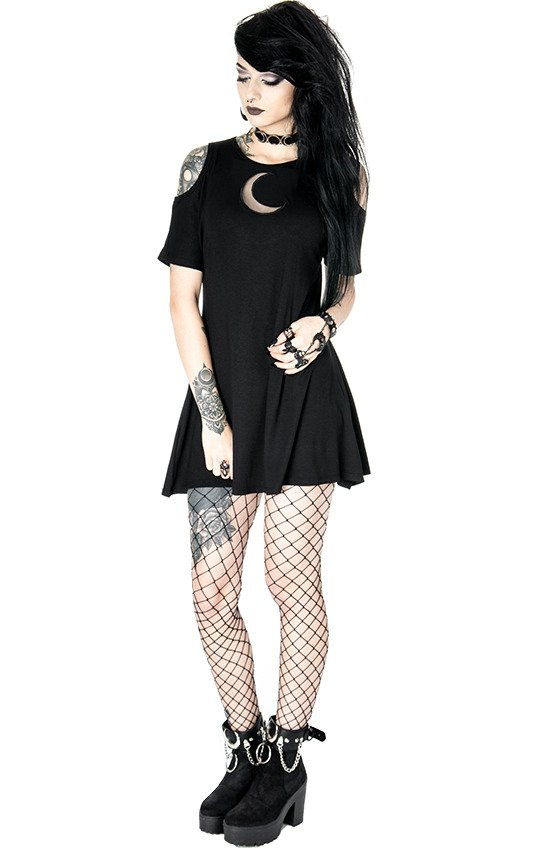 Crescent Dress oversized with cold shoulder, Mesh Moon Tunic, gothic tunic