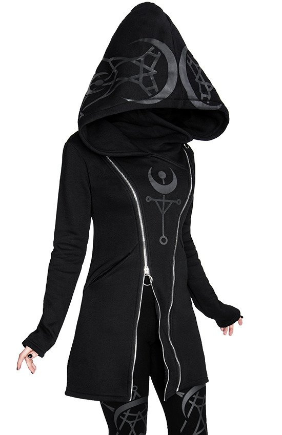 TWIN MOON HOODIE czarna gotycka bluza z dwoma suwakami i nadrukiem