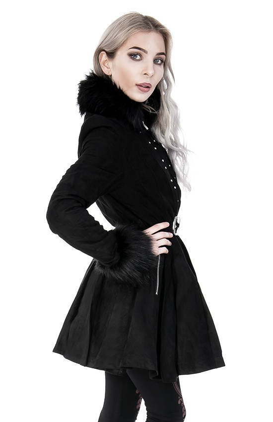 Pleated Coat with a Belt and Faux Fur Collar and Cuffs
