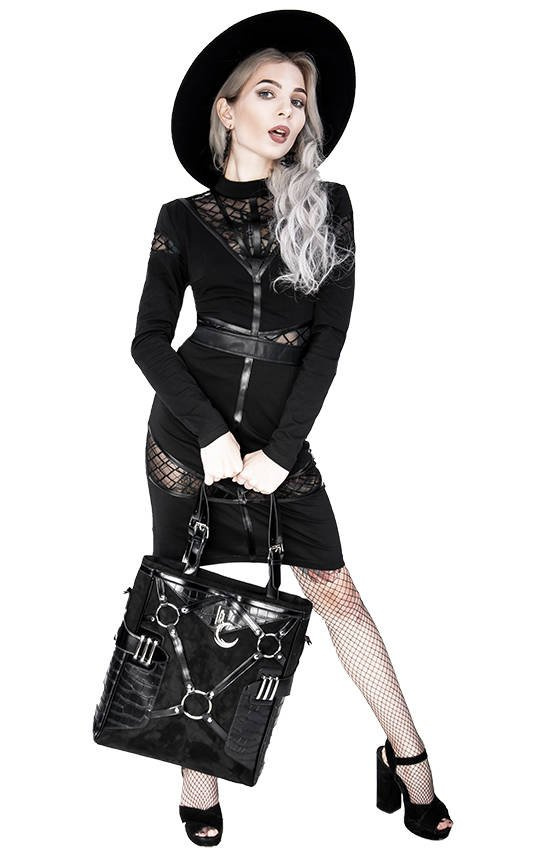 Schwarzes Gothic Cross Bleistiftkleid mit Einsätzen