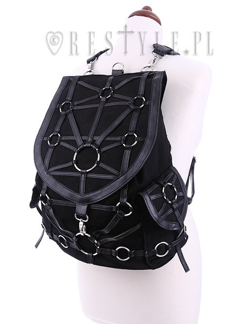 Schwarzer Gurtzeug-Rucksack, mit Taschen, okkult, schwarze Mode "O-RING BACKPACK"