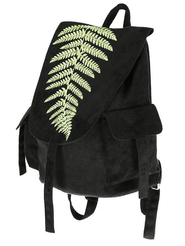 Zamszowy plecak z klapą i haftem paproci FERN BACKPACK