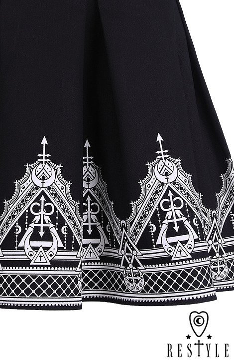 Black pleated short skirt with henna print, moon, symbols "HENNA SKIRT"