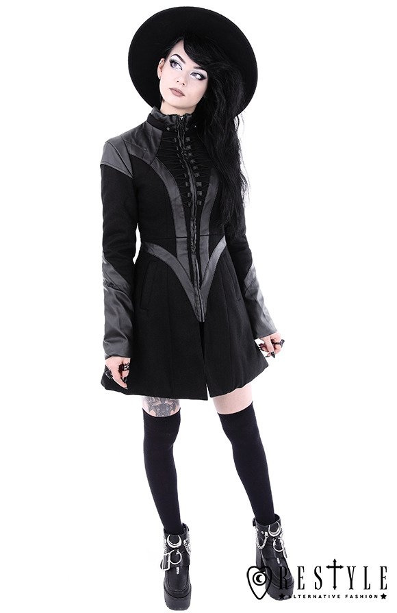 Black winter jacket with pockets, detachable hood "FUTURE GOTH COAT"