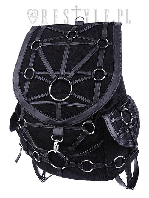 Czarny plecak z kieszeniami, harness, skórzane paski"O-RING BACKPACK"
