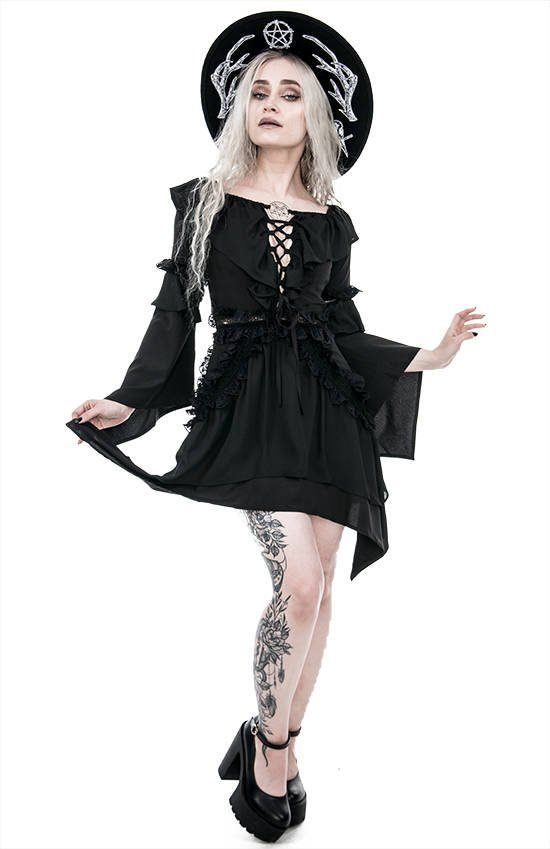 Sukienka gotycka BARDOT DRESS z falbanami i wiązaniem