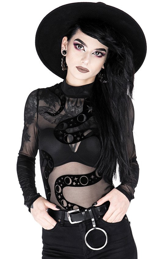 Czarne gotyckie siatkowane body z wężem SNAKE MESH BODY