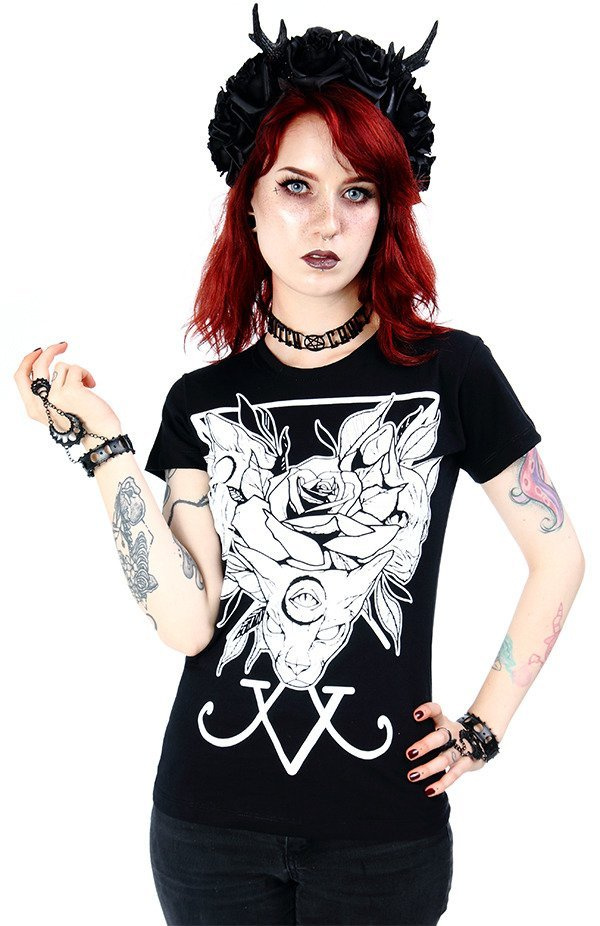 Black women`s T-shirt Threeheaded cat