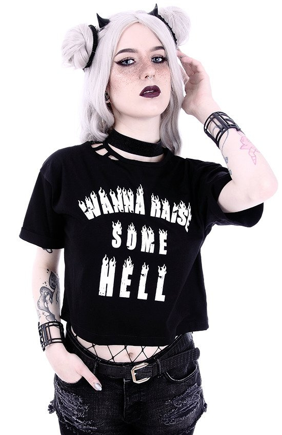 Crop Top  Gothic blouse with burning letters "WANNA RAISE SOME HELL"