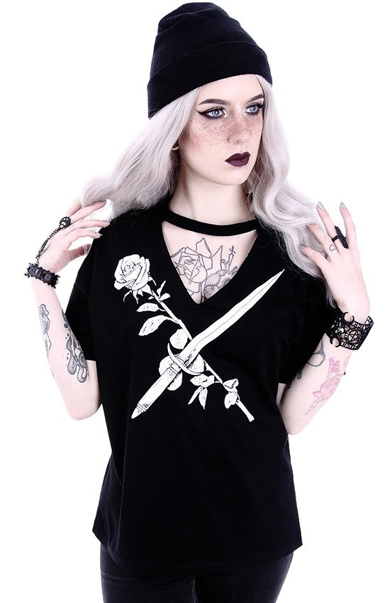 Gothic blouse with knife and rose V-neck with choker "STAY SHARP"