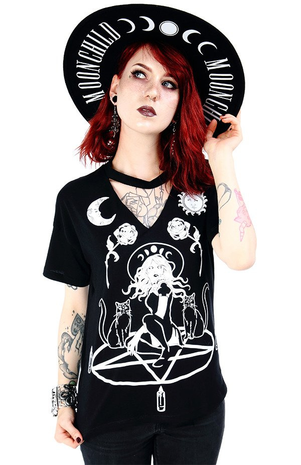 Czarny damski T-shirt z chokerem Witch & Cats