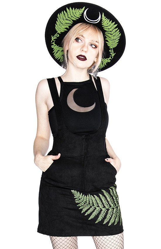 FERN SUEDE DRESS Black suspender dress with fern leaf