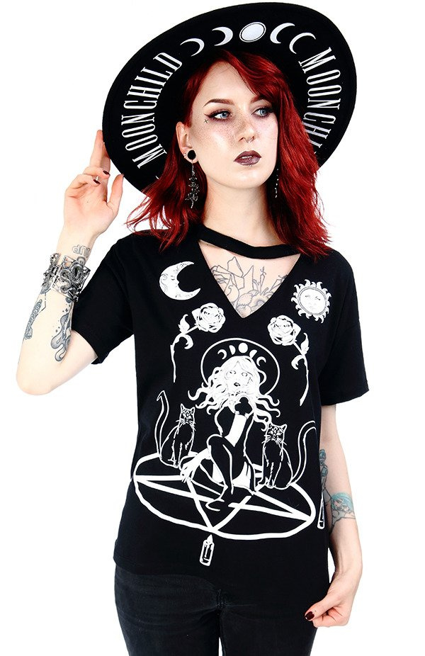Schwarzes Gothic-Choker-Top Witch & Cats