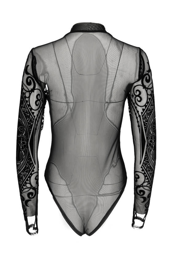Schwarzes Gothic MESH BODYSUIT CATHEDRAL CORSET