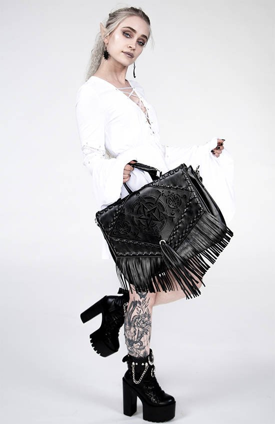 Czarna teczka, gotycka torba z frędzlami, pentagram"BOHO WITCH"